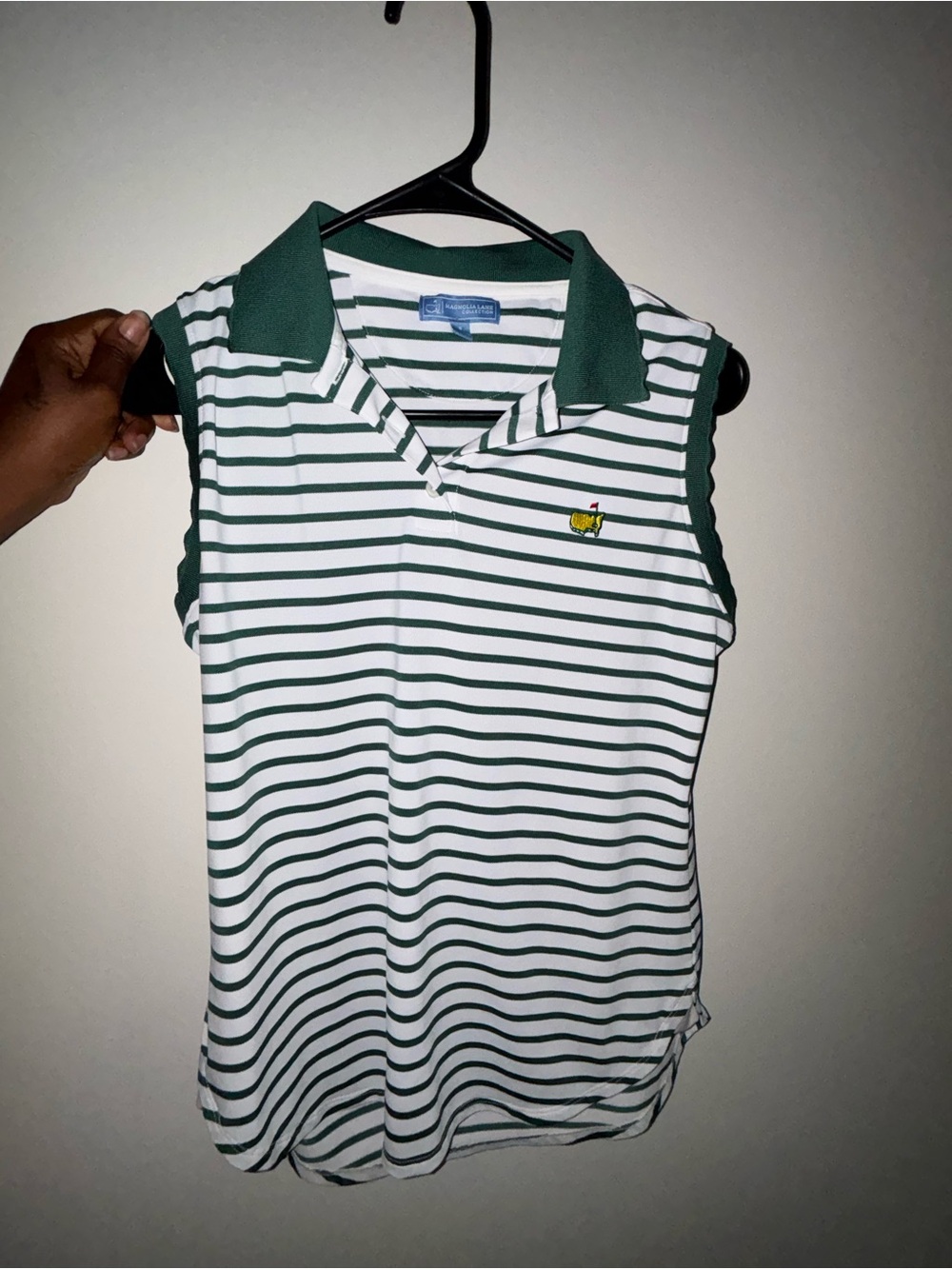 2026 Masters Striped Sleeveless Polo with Green Collar a